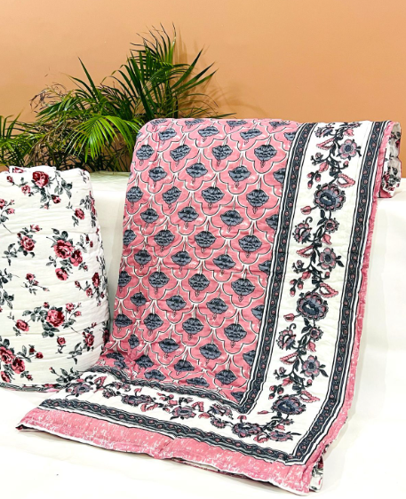 Lovely Pink Indian Block Print King Size Reversible Hand Quilted Soft Cotton Comforter