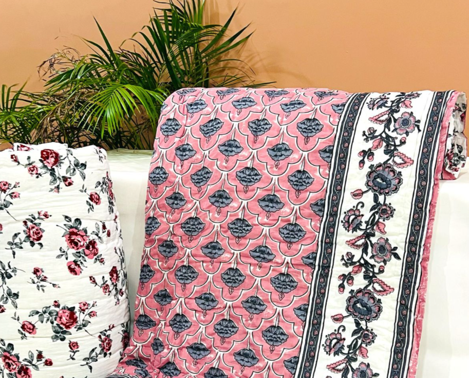 Lovely Pink Indian Block Print King Size Reversible Hand Quilted Comforter