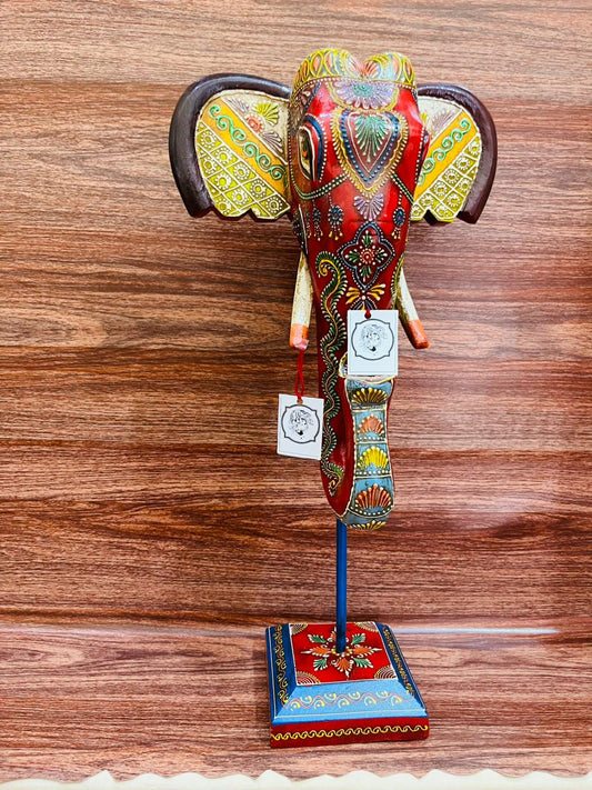 Handpainted wooden elephant face with a detachable stand - d3