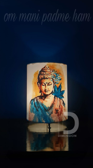 Stylish Handpainted Buddha lampshade - in blue shade