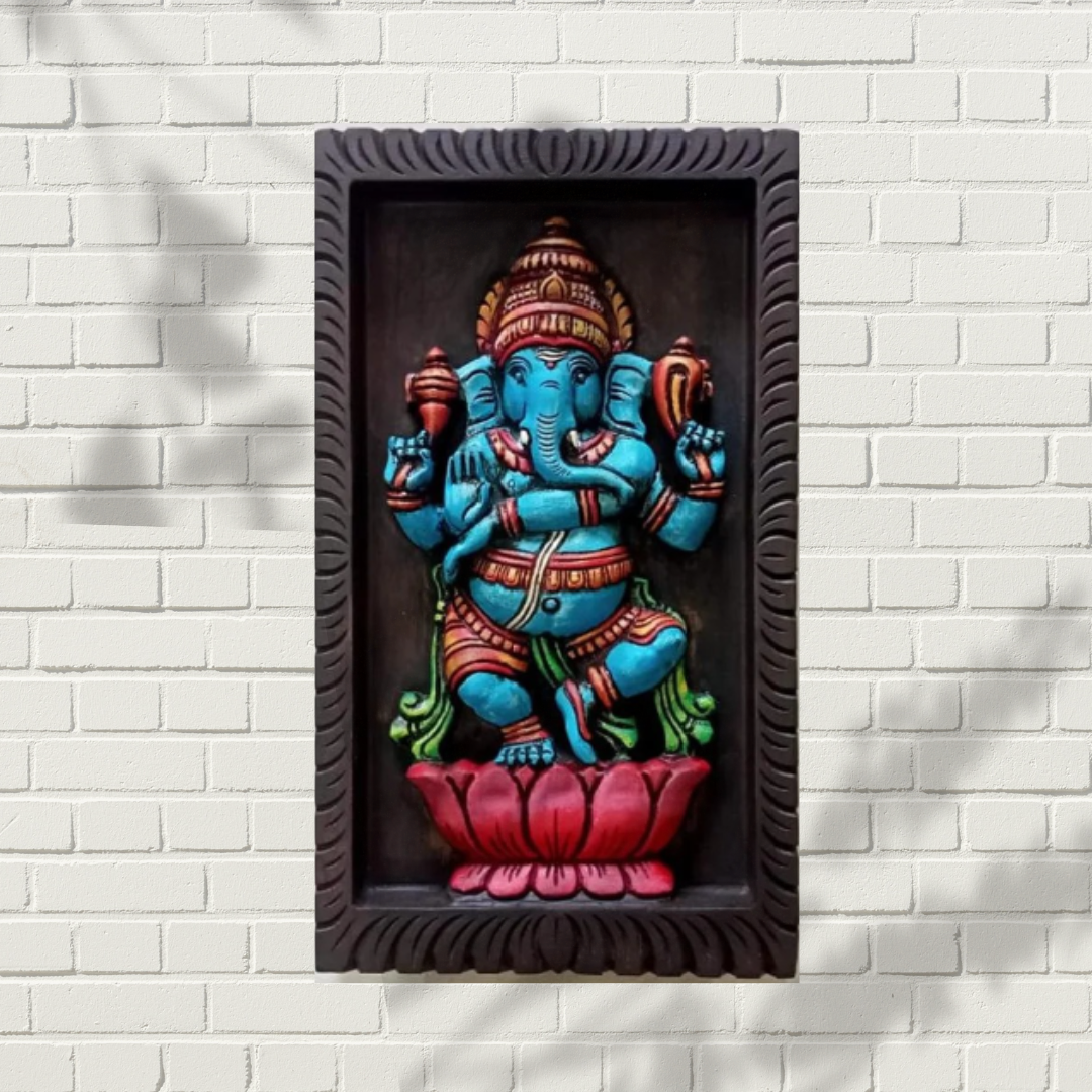 Hand-Carved Wooden Ganesha Wall Panel with 2 lippan shelf frames