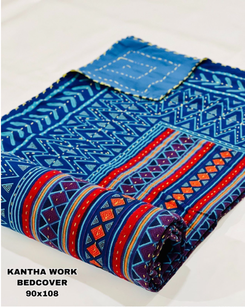 Pure Cotton Indian Jaipuri Printed King Size Kantha Work Quilt - Blue