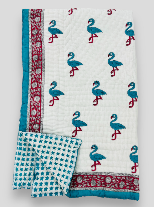 Flamingo Print Cotton Handblock Reversible Quilt Comforter