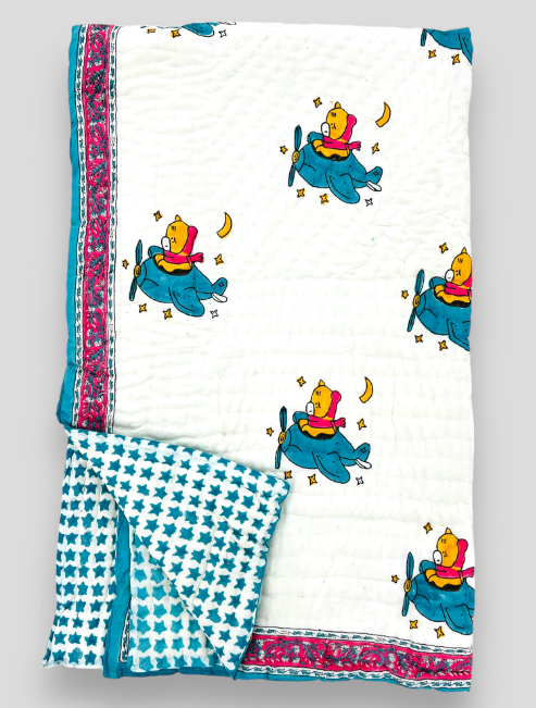 Aeroplane print - Reversible Pure Cotton Handblock Quilt/ Comforter