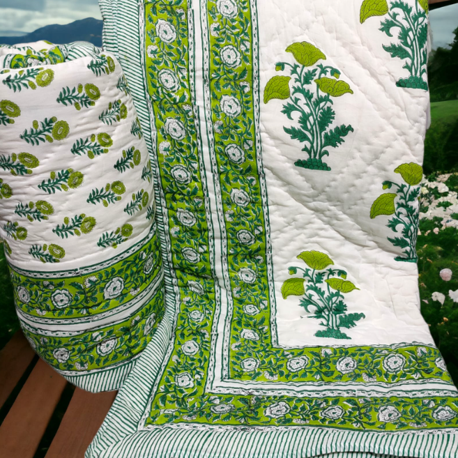 Block Print King Size Cotton Reversible Quilted Comforter / Dohar - Green