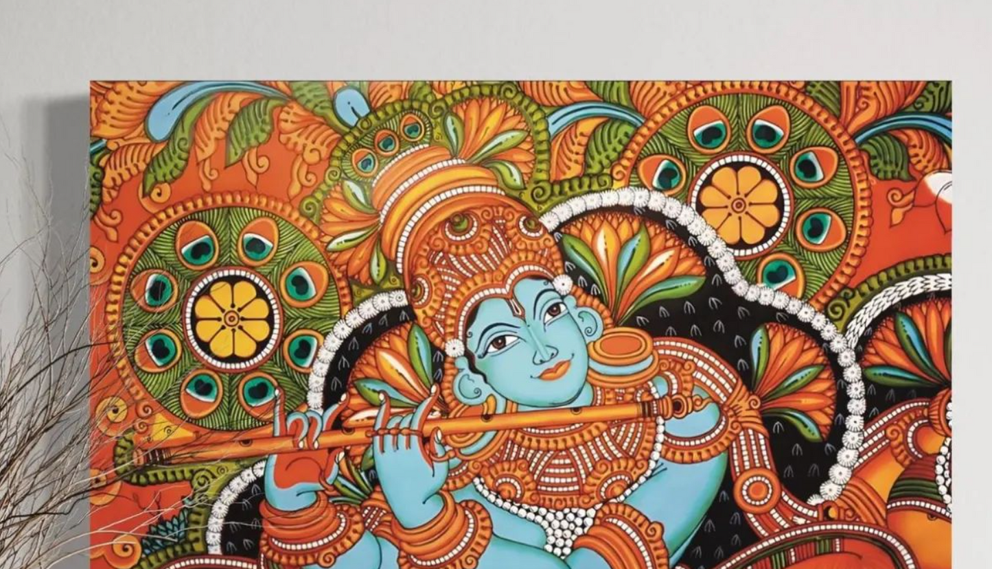 Kerala Mural Canvas wall art Shri Krishna playing flute