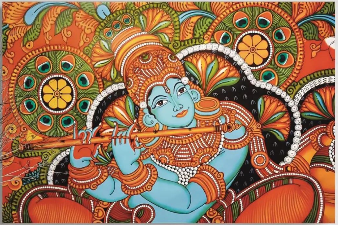 Kerala Mural Canvas wall art Shri Krishna playing flute