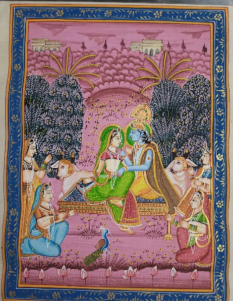 Handpainted Krishna painting on silk cloth - Radha Krishna seated on throne