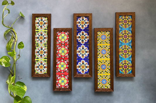 Handpainted  bluepottery tiles wooden like wall frame in a set of five.