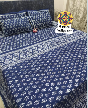 Block Print Queen Size 6 pc Bedding Set - Indigo Collection - D1