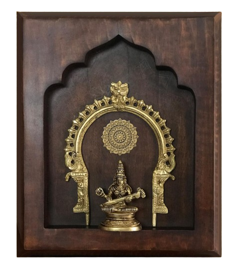 Wooden frame Brass wall decor Prabhavali - Goddess Saraswathi