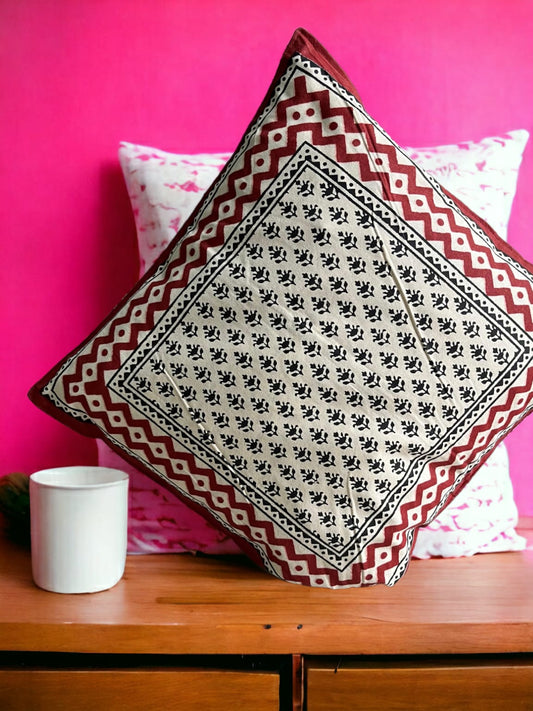 Set of 5 - Block print Cotton Cushion Cover -  black and red