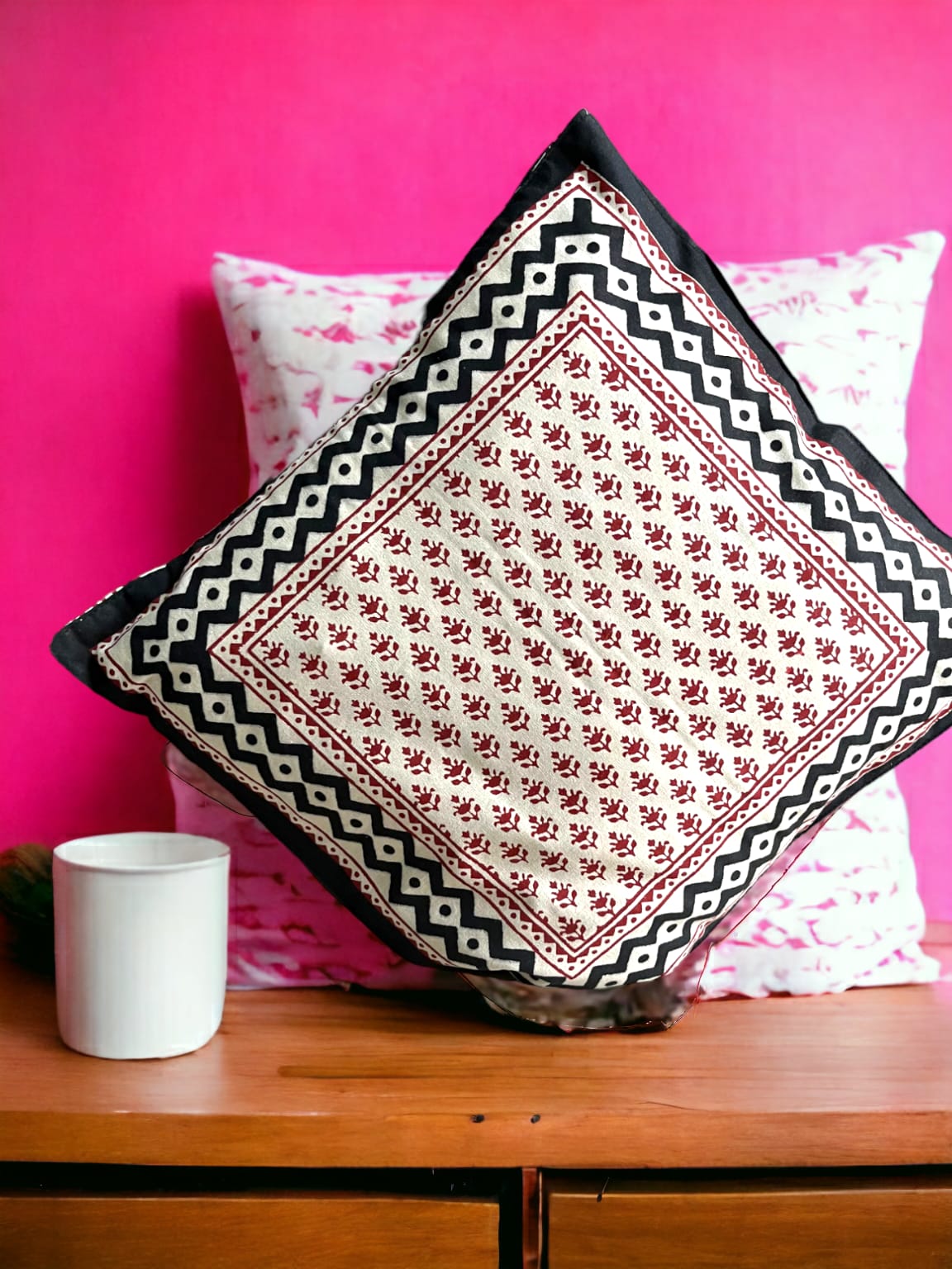 Set of 5 - Block print Cotton Cushion Cover - Red and black