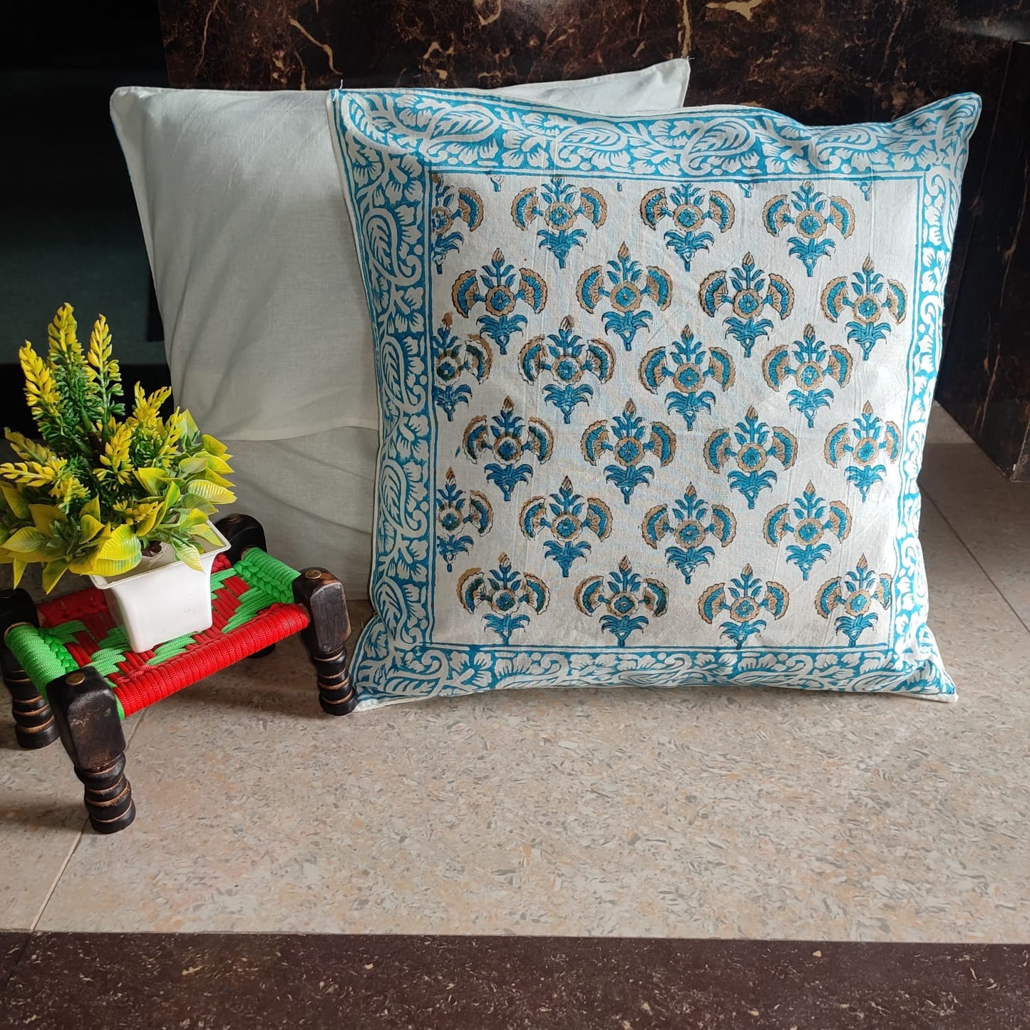 Set of 5 Block print Cotton Cushion Cover in blue floral print with blue border