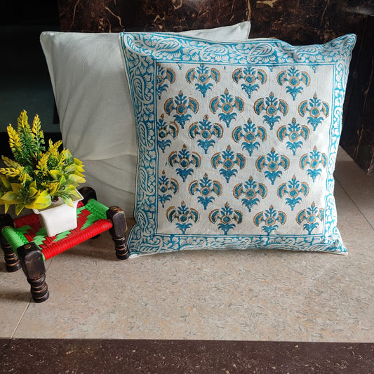 Set of 5 Block print Cotton Cushion Cover in blue floral print with blue border