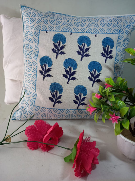 Set of 5 Block print Cotton Cushion Cover in Blue Marigold print