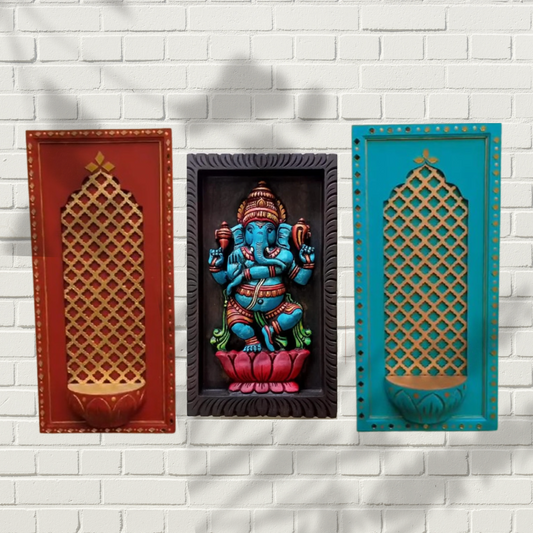 Hand-Carved Wooden Ganesha Wall Panel with 2 lippan shelf frames