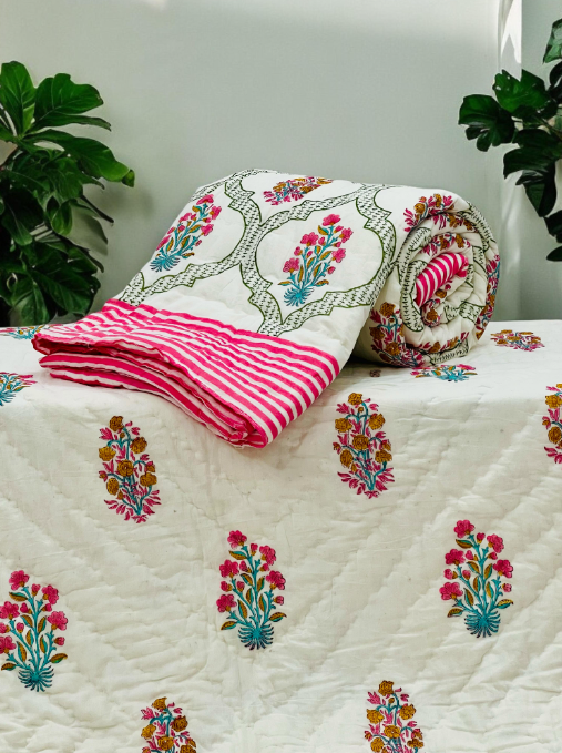 Handmade Indian Block Print Pure Cotton Comforter- Royal floral print