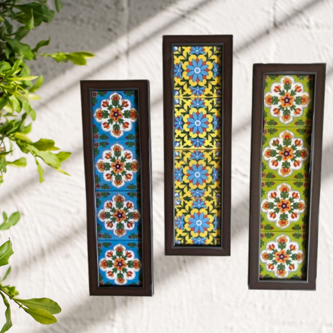 Handpainted  bluepottery tiles wooden like wall frame in a set of three.