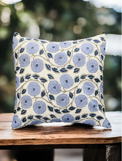 Set of five Hand Block print Cotton Quilted Cushion Cover - Blue Marigold