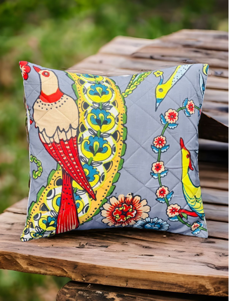 Set of five Hand Block print Cotton Quilted Cushion Cover - Grey Bird