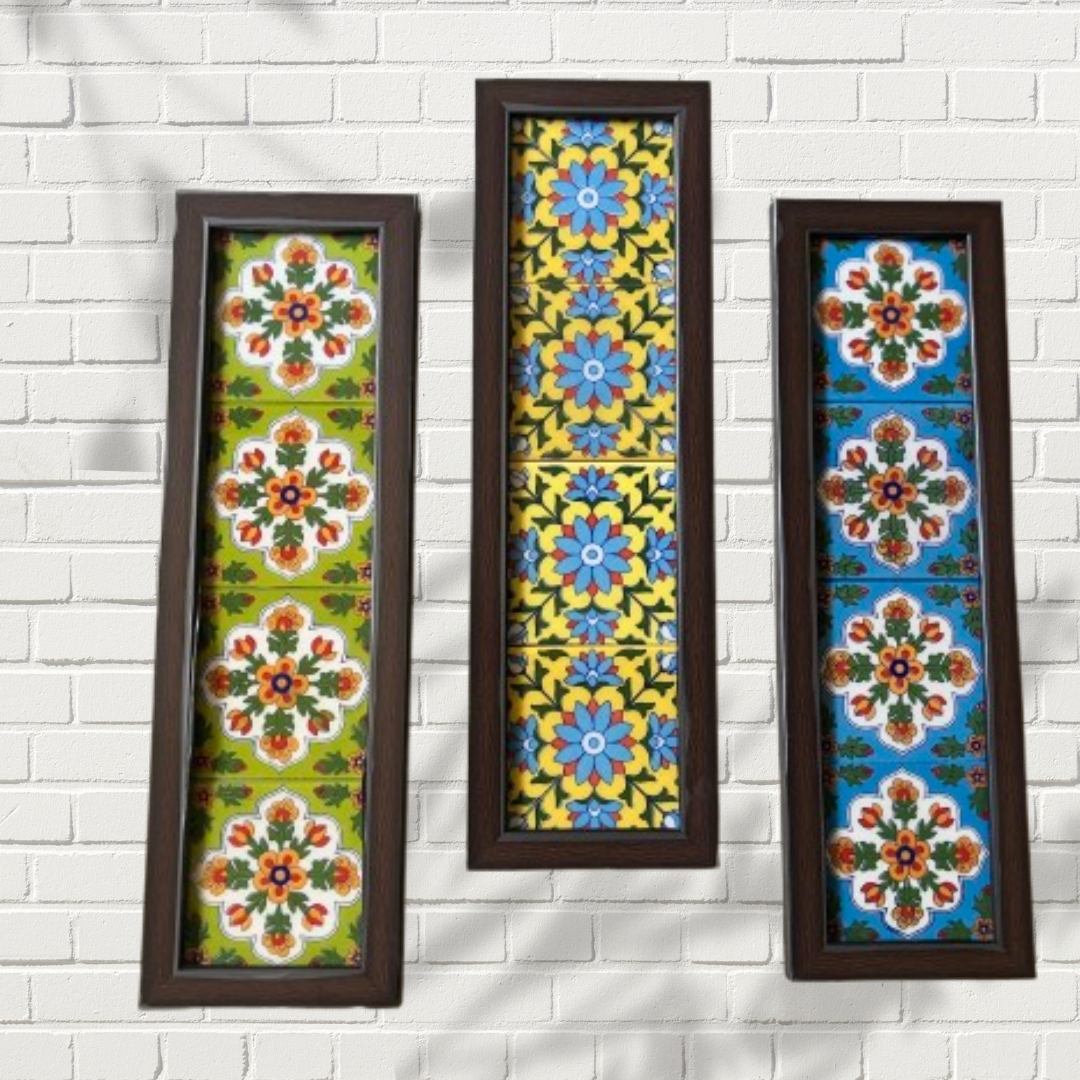 Handpainted  bluepottery tiles wooden like wall frame in a set of three.