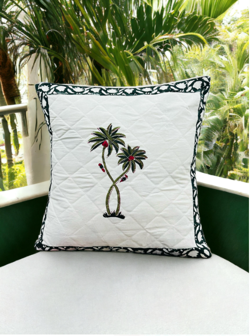 Set of five Hand Block print Cotton Quilted Cushion Cover - Green Coconut