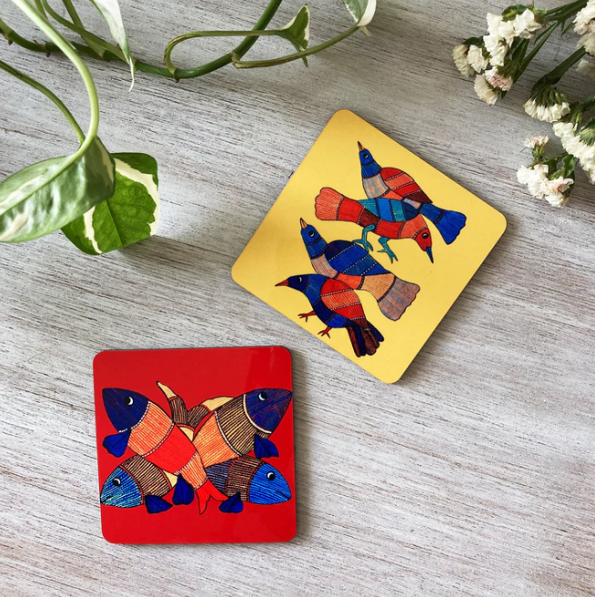 Set of 2 Coasters - Gond Art - Fish and Bird