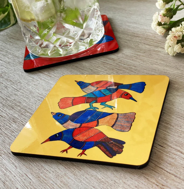 Set of 2 Coasters - Gond Art - Fish and Bird