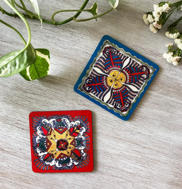 Set of 2 Coasters - Madhubani Art