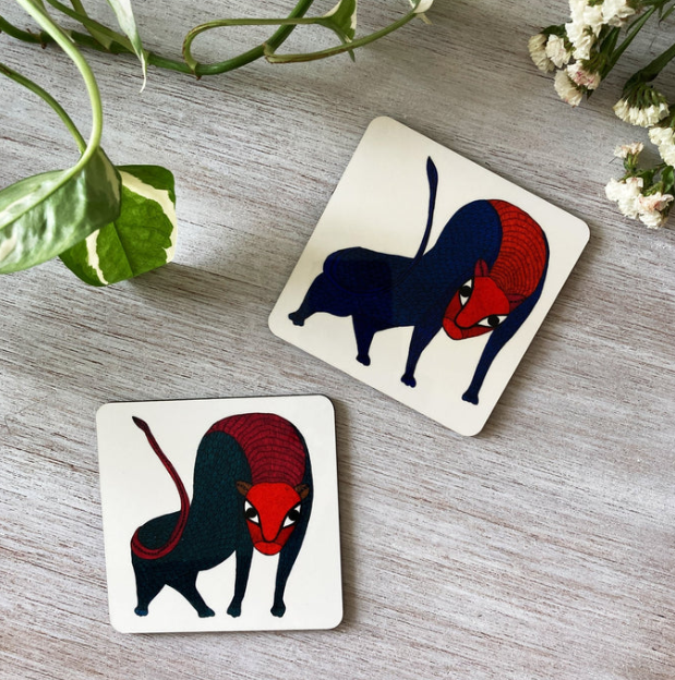 Set of 2 Coasters - Gond Art - Leopard