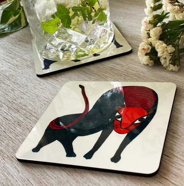 Set of 2 Coasters - Gond Art - Leopard