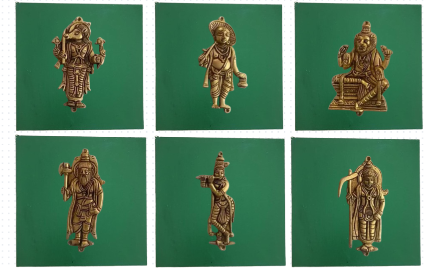 Handpainted Wooden Wall Decor Set – Dashavatar Brass Frames (Set of 12)