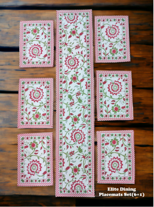 6 Seater Dining Table runner and mat set with decorated vines and bushes in pink