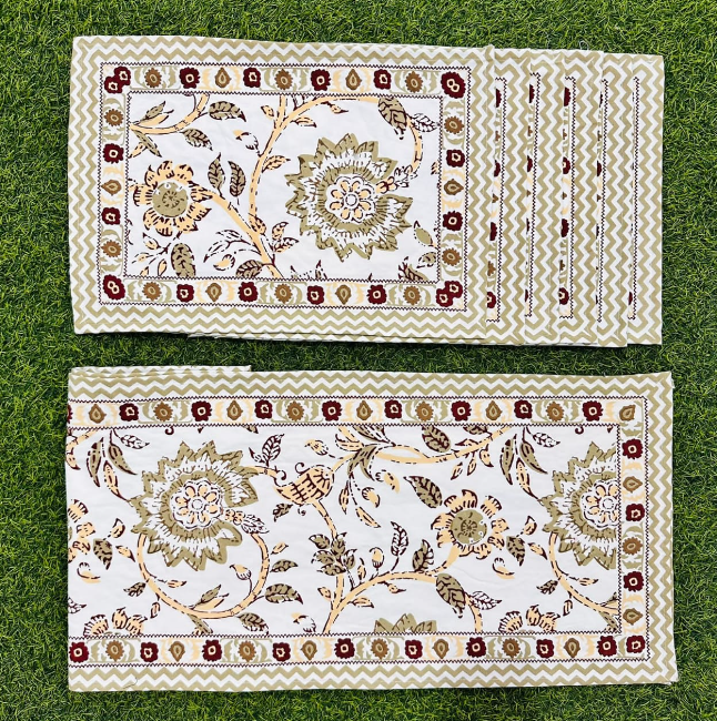 6 seater Hand Block Printed Dining table runner and mat linen set in beige flower print