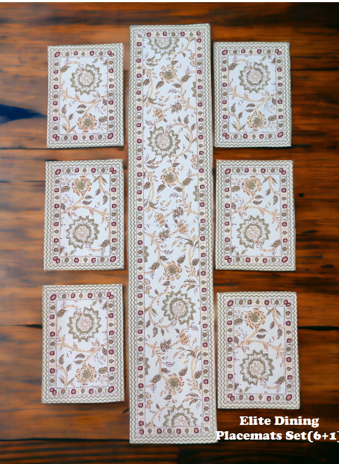 6 seater Hand Block Printed Dining table runner and mat linen set 