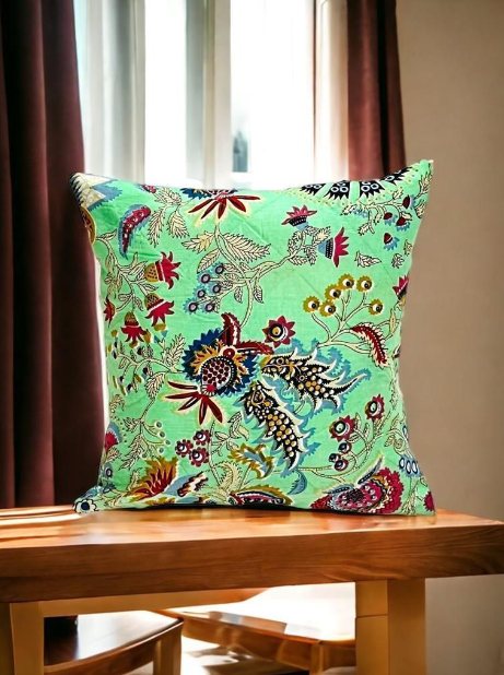 Set of five Hand Block print Cotton Quilted Cushion Cover - Green color Abstract