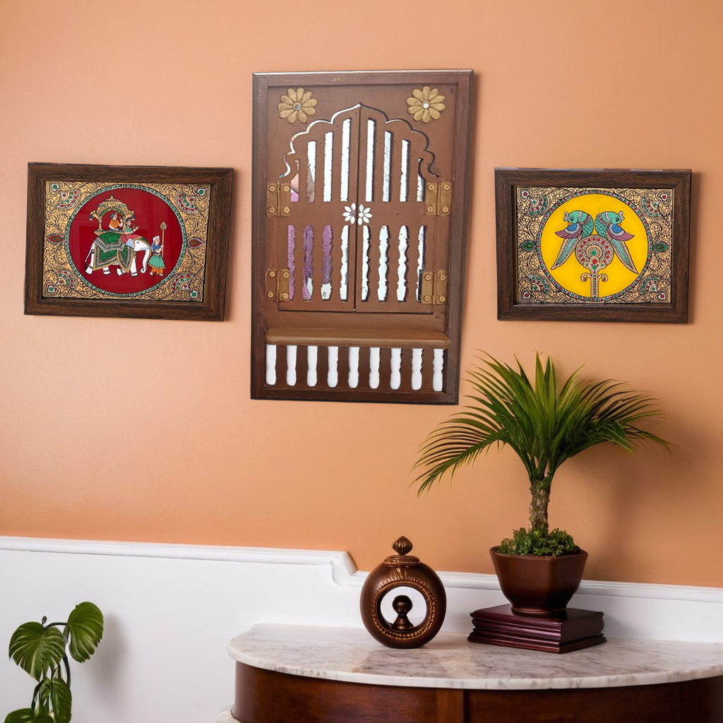 Jharokha Decor with 2 Tanjore Art inspired Frames – Traditional Indian Wall Art