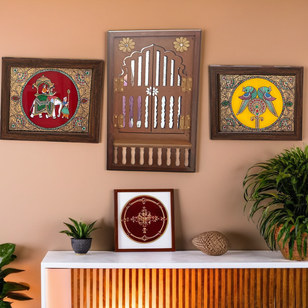 Jharokha Decor with 2 Tanjore Art inspired Frames – Traditional Indian Wall Art