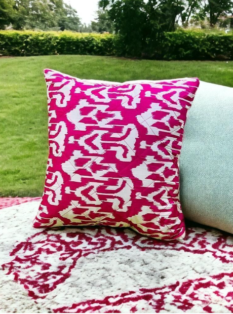 Set of five Hand Block print Cotton Quilted Cushion Cover - Pink Zig Zag