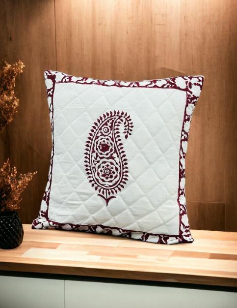 Set of five Hand Block print Cotton Quilted Cushion Cover in Maroon color - Keri