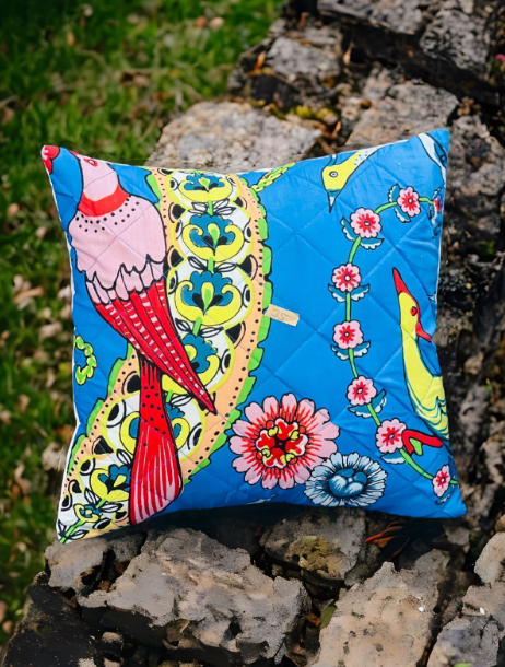 Set of five Hand Block print Cotton Quilted Cushion Cover - attractive multi color bird