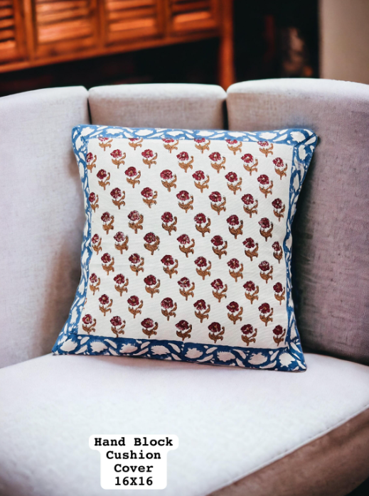 Set of 5 Block Print Cotton Cushion Cover - red flower with blue border