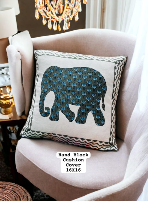 Set of 5 - Block Print Cotton Cushion Cover in Blue Elephant print