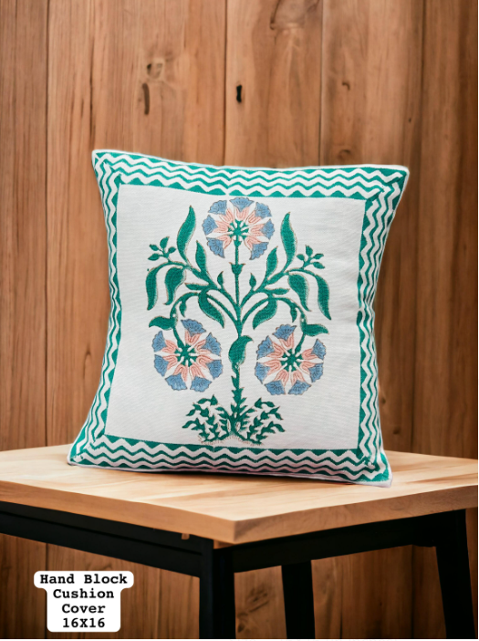 Set of 5 - Block Print Cotton Cushion Cover - Green Zigzag border