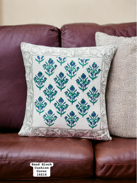 Set of 5 Block Print Cotton Cushion Cover - Grey border