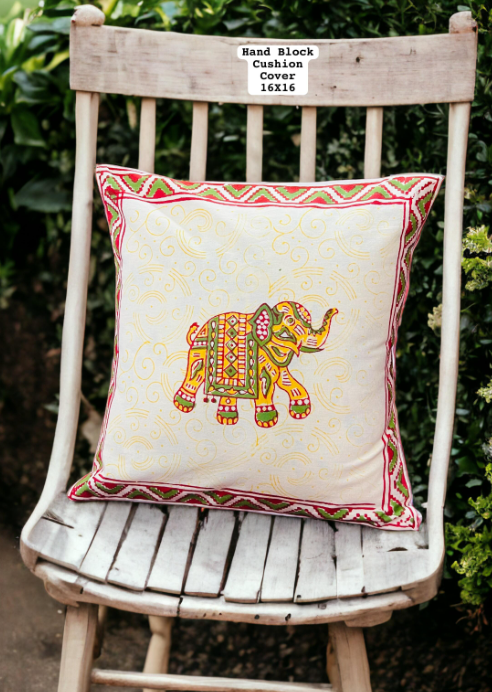 Set of 5 - Block Print Cotton Cushion Cover in yellow Elephant print