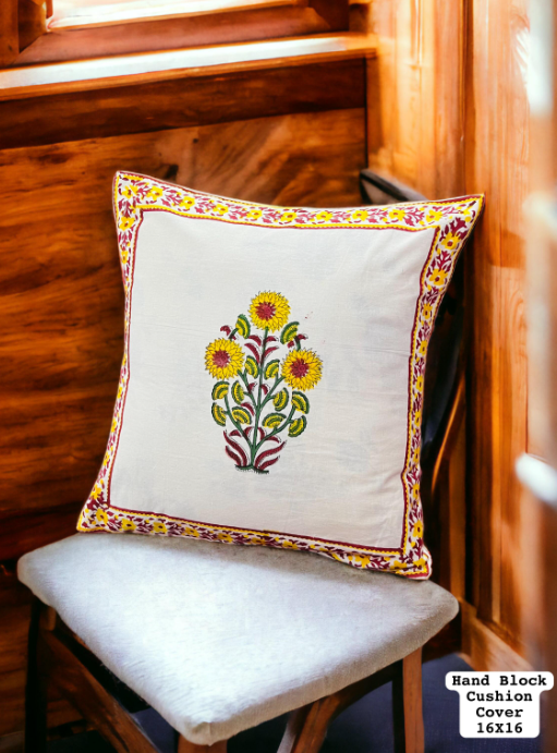 Set of 5 - Block Print Cotton Cushion Cover - Yellow and Purple border