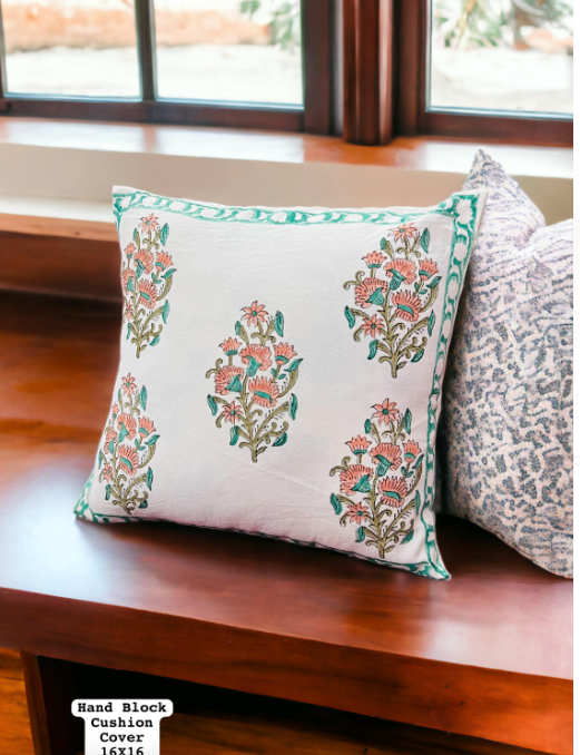 Set of 5 - Block Print Cotton Cushion Cover - green Floral border