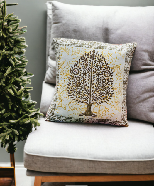 Set of Five Block print Cotton Cushion Cover - multi color tree